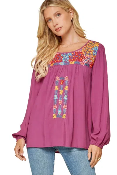 Andree By Unit Embroidered Balloon Sleeve Blouse In Magenta In Pink
