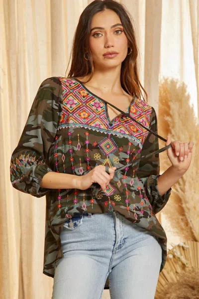 Andree By Unit Embroidered Keyhole Top In Camo In Multi
