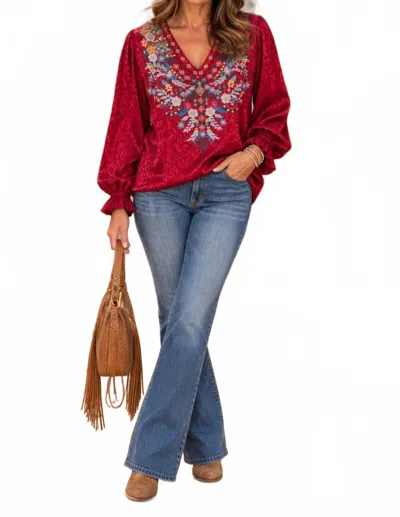 Andree By Unit Embroidered Leopard Satin Blouse In Red