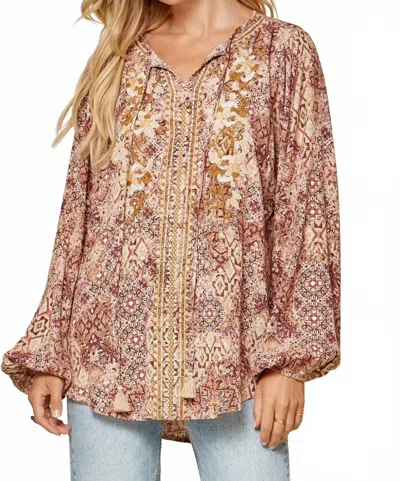 Andree By Unit Embroidered Peasant Top In Magenta & Rust In Brown