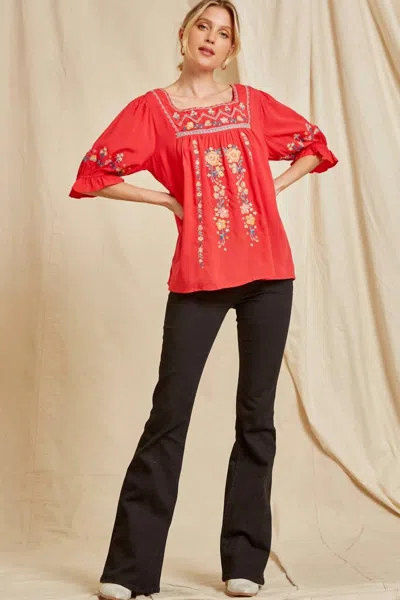 Andree By Unit Embroidered Peasant Top In Red Floral