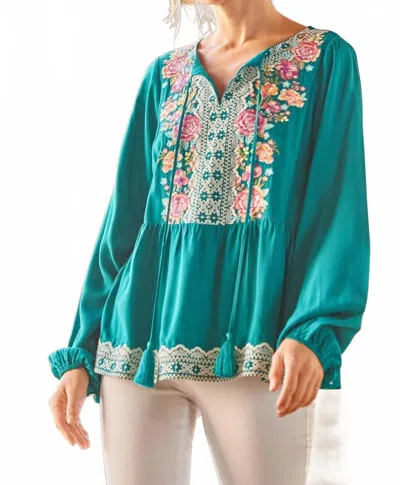 Andree By Unit Embroidered Peplum Blouse In Teal In Blue