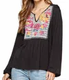 Andree By Unit Embroidered Plaid Babydoll Top In Black In Black