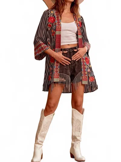 Andree By Unit Embroidered Striped Cardigan In Black In Multi