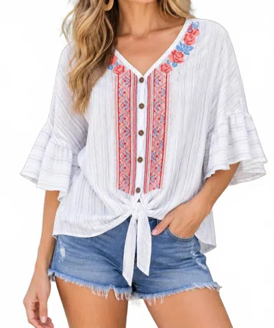 Andree By Unit Embroidered Striped Tie-front Top In White