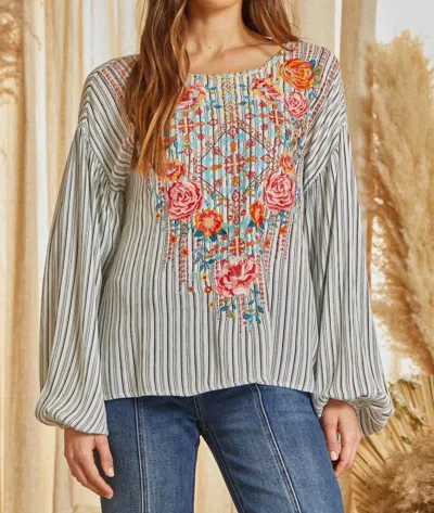 Andree By Unit Embroidered Striped Top In Black Ivory In Multi
