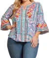 Andree By Unit Embroidered Tunic Top W/ Bell Sleeves In Turquoise/lavender