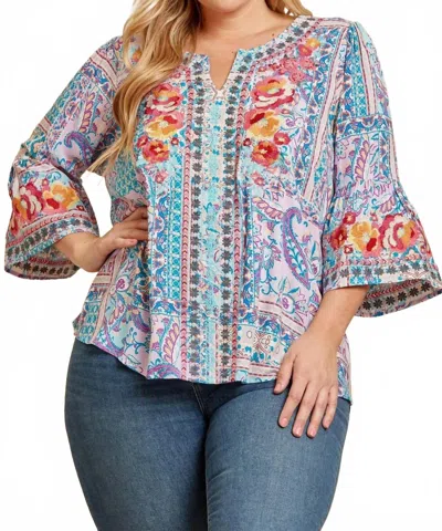 Andree By Unit Embroidered Tunic Top W/ Bell Sleeves In Turquoise/lavender