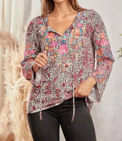 Andree By Unit Embroidered With Tie Tassel Blouse In Beige Red In Brown