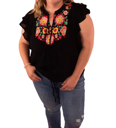Andree By Unit Flora Embroidered Flutter Sleeve Top In Black