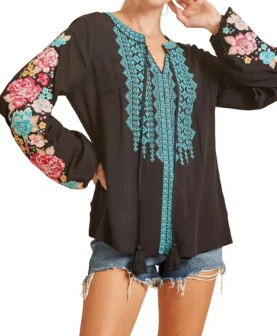 Andree By Unit Floral & Geo Embroidered Top In Black In Multi
