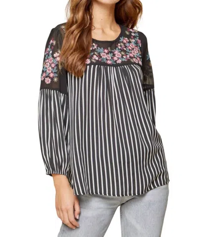 Andree By Unit Floral Embroidered & Striped Top In Black