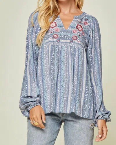 Andree By Unit Floral Embroidered Babydoll Top In Blue