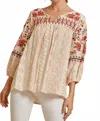 Andree By Unit Floral Embroidered Babydoll Top In Cream Camel In Multi