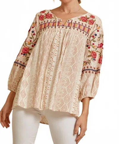 Andree By Unit Floral Embroidered Babydoll Top In Cream Camel In Multi