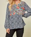 Andree By Unit Floral Embroidered Blouse In Navy In Blue