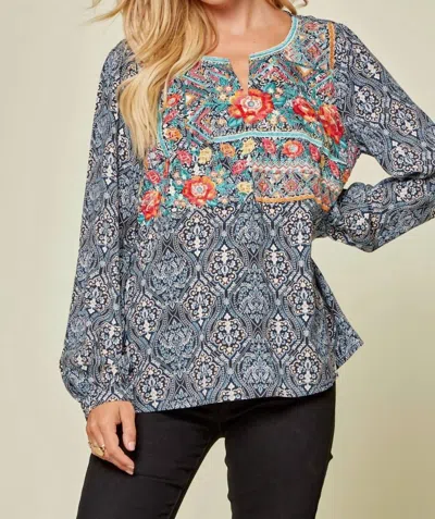 Andree By Unit Floral Embroidered Blouse In Navy In Multi
