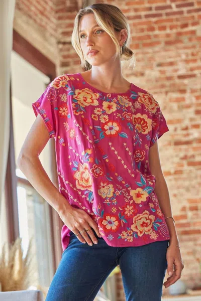 Andree By Unit Floral Embroidered Dolman Sleeve Top In Magenta In Pink