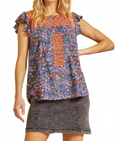 Andree By Unit Floral Embroidered Flutter Sleeve Top In Navy Multi