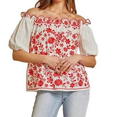 Andree By Unit Floral Embroidered Off The Shoulder Blouse In Red Floral In Neutral