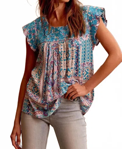 Andree By Unit Floral Embroidered Paisley Print Top In Multicolor In Blue