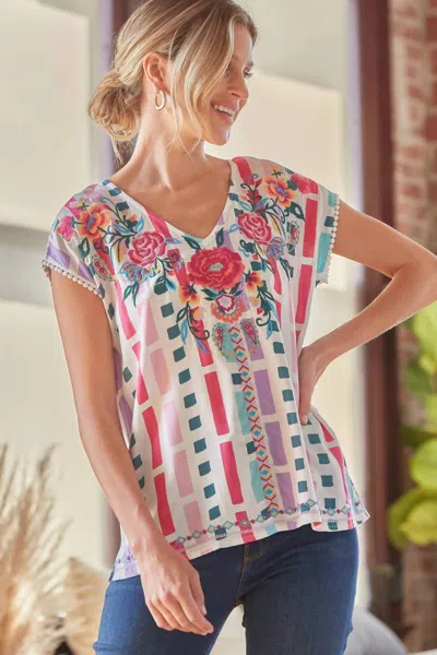 Andree By Unit Floral Embroidered Printed Top In Ivory Multi In White