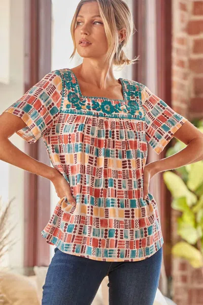 Andree By Unit Floral Embroidered Printed Top In Multicolor