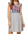 Andree By Unit Floral Embroidered Stripe Dress In Denim In Multi