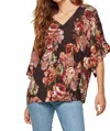 Andree By Unit Floral Ruffle Sleeve Top In Black In Brown