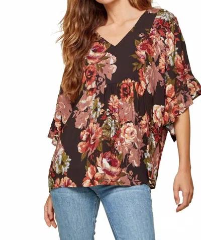 Andree By Unit Floral Ruffle Sleeve Top In Black In Brown