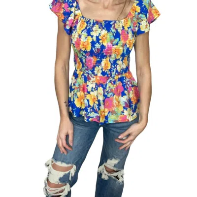 Andree By Unit Floral Rushed Top In Multicolor In Blue