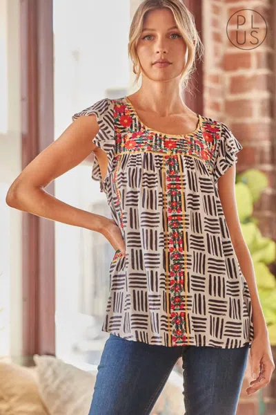 Andree By Unit Flutter Embroidered Top In Ivory/black In Brown