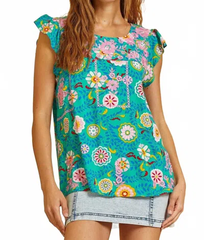Andree By Unit Flutter Sleeve Embroidered Top In Emerald In Multi
