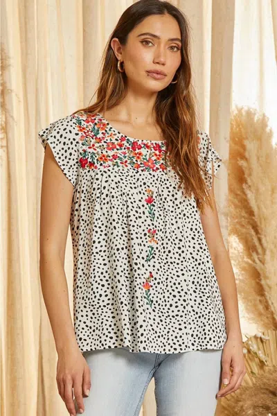 Andree By Unit Flutter Sleeve Embroidered Top In Ivory/black In Multi