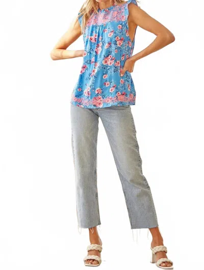 Andree By Unit Flutter Sleeve Embroidered Top In Multi In Blue