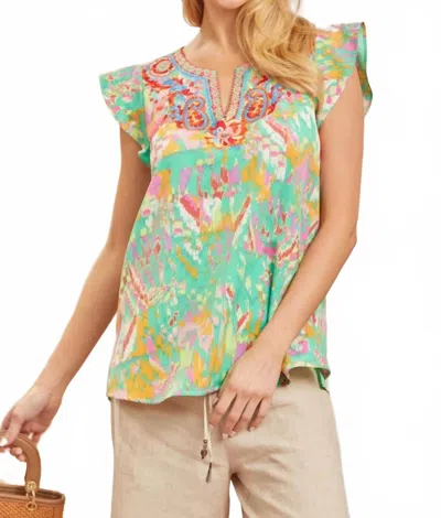 Andree By Unit Fluttering Charm Split-neck Top In Emerald In Gold