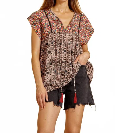 Andree By Unit Geometric Babydoll Floral Embroidered Top In Mocha And Black In Brown