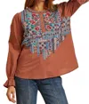 Andree By Unit Mixed Embroidered Top In Rust In Multi