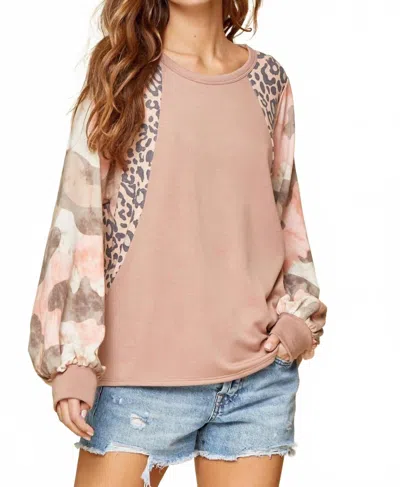 Andree By Unit Mixed Print Balloon Sleeve Top In Mauve In Multi