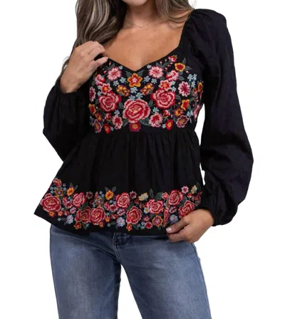 Andree By Unit Moonlit Flowers Embroidered Long Sleeve Top In Black