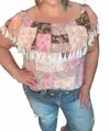 Andree By Unit Off The Shoulder Patchwork Print Tassel Top In Mocha/blush In Multi
