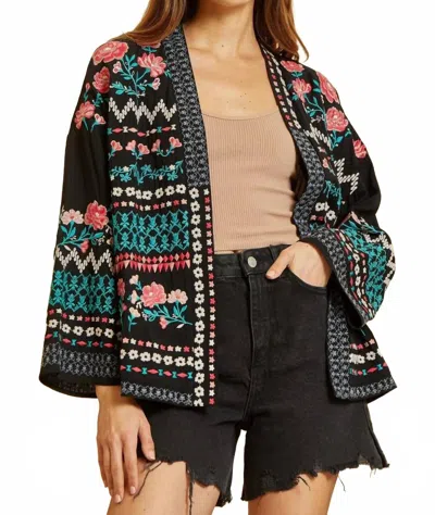 Andree By Unit Open Front Embroidered Cardigan In Black In Multi