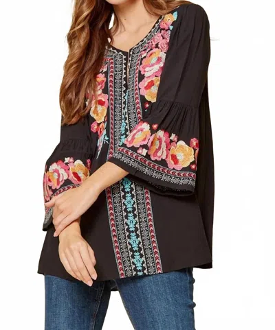 Andree By Unit Penelope Embroidered Bell Sleeve Top In Black