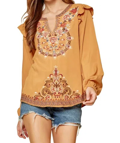 Andree By Unit Ruffle Detail Embroidered Blouse In Marigold In Gold
