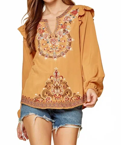Andree By Unit Ruffle Embroidered Blouse In Marigold In Brown