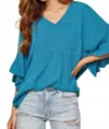 Andree By Unit Ruffle Sleeve Top In Teal In Blue