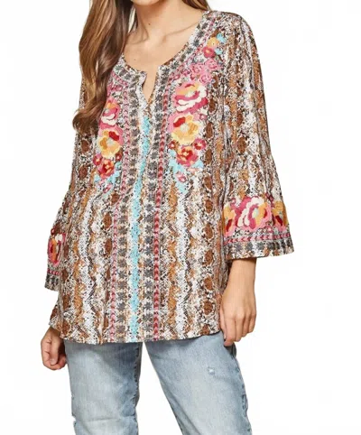 Andree By Unit Snake Print Embroidered Top In Mocha In Multi