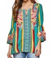 Andree By Unit South Beach Striped Embroidered Top In Turquoise In Green