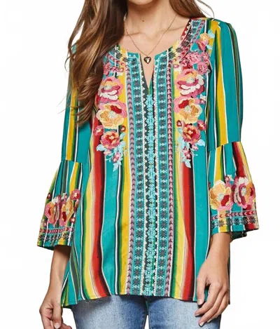 Andree By Unit South Beach Striped Embroidered Top In Turquoise In Multi