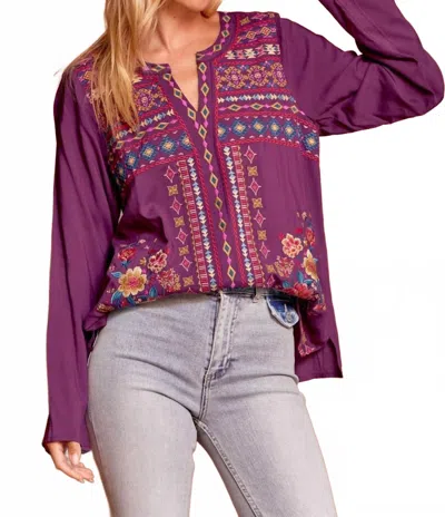 Andree By Unit Split Neck Embroidered Top In Eggplant In Purple
